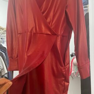 Red faux leather fitted long sleeve dress